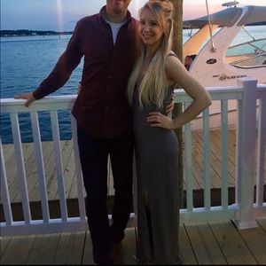 Deep V heather gray maxi dress with slit by thigh